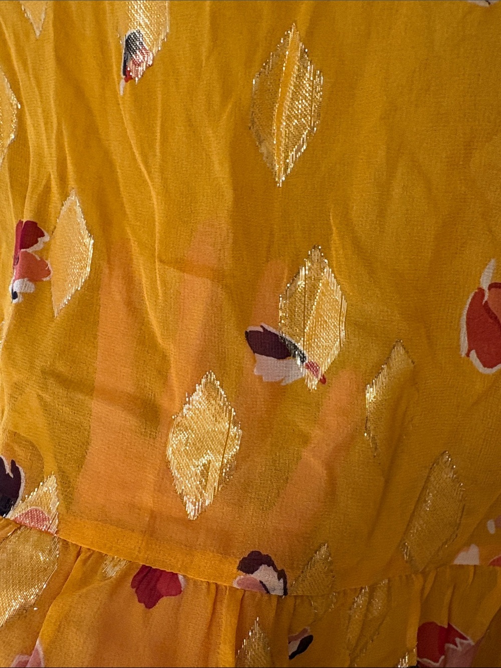 Sezane yellow and gold patterned tiered baby doll dress. - Picture 3 of 4